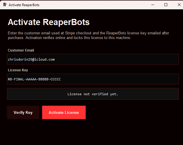 ReaperBots license activation window with customer email and license key fields