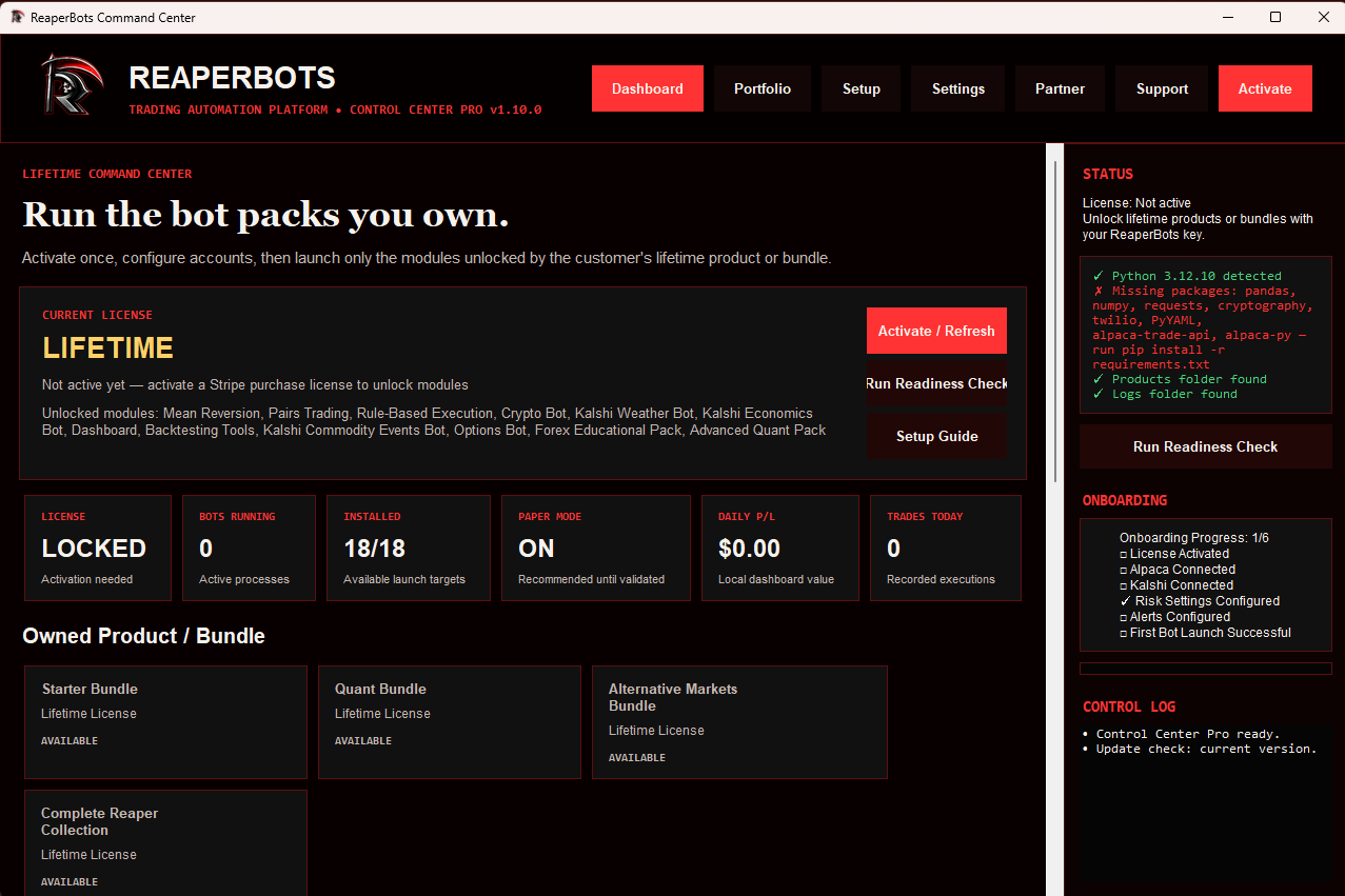 ReaperBots Command Center dashboard showing license status, owned bot packs, and system readiness