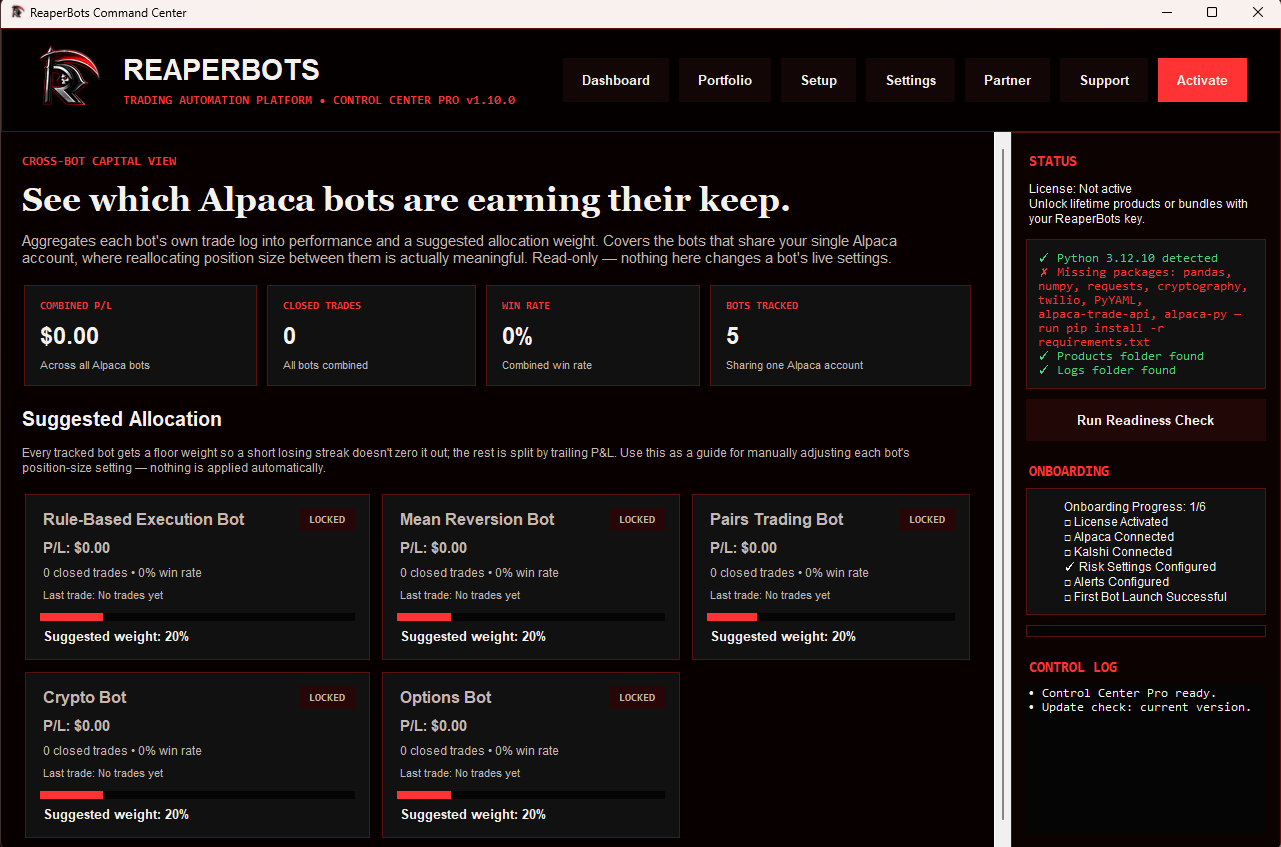 ReaperBots portfolio view showing combined P/L, win rate, and suggested allocation weight across bots