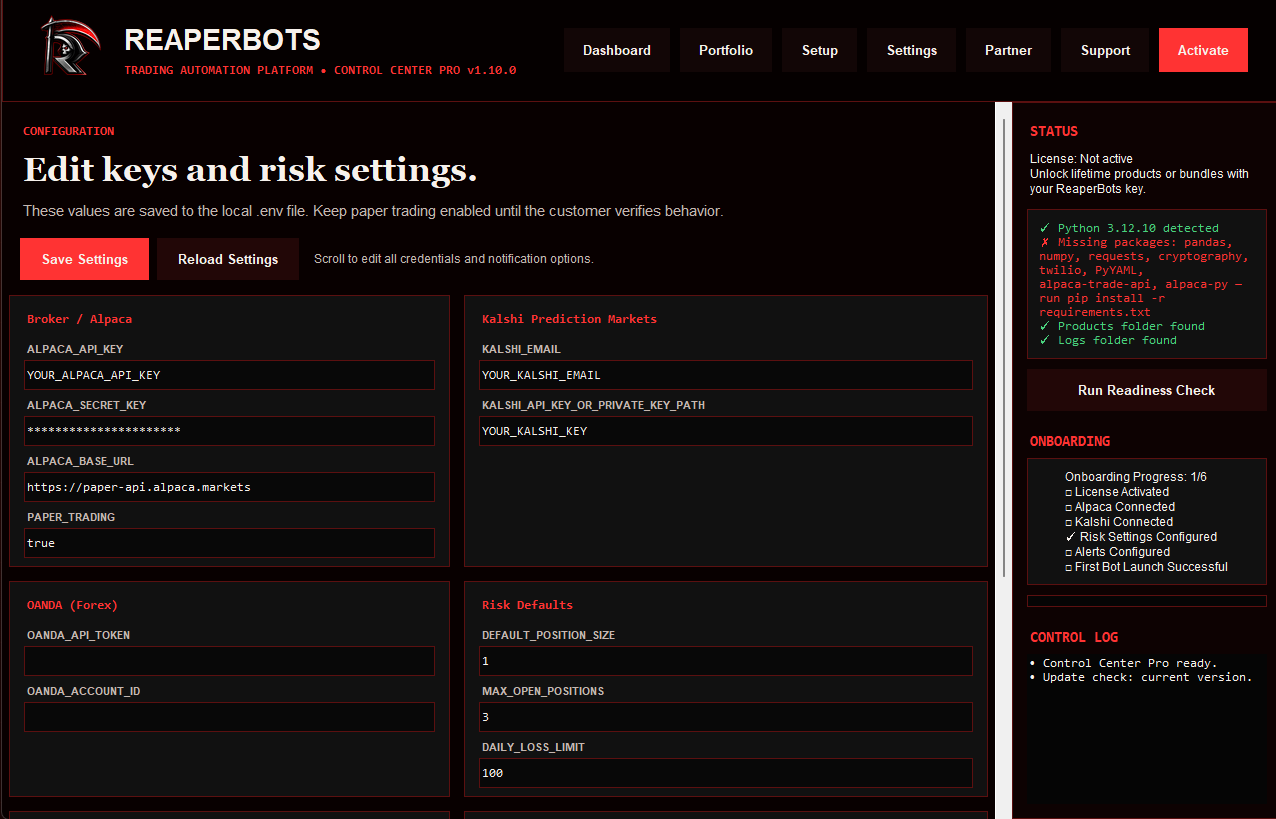 ReaperBots settings screen for broker API keys and risk defaults