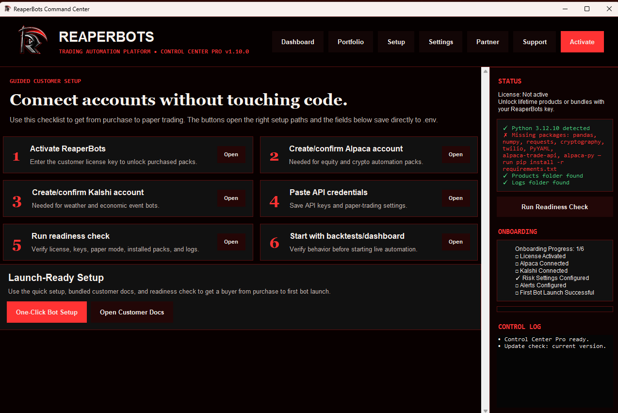 ReaperBots guided setup checklist with six steps from activation to first bot launch