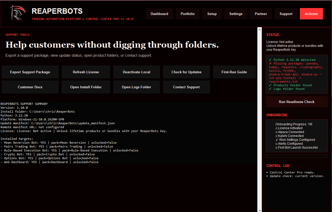 ReaperBots support tools screen with export package, license refresh, and installed bot targets